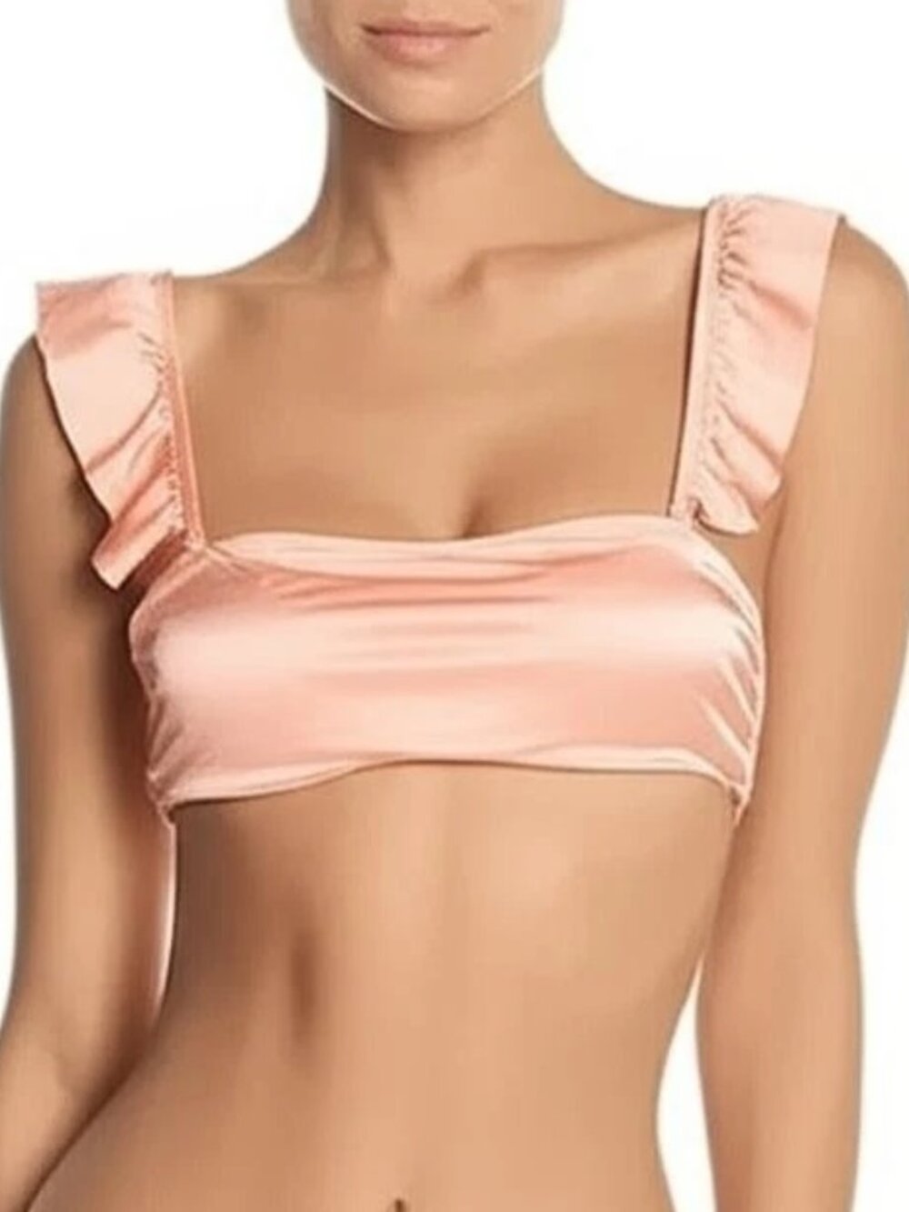 PINK Victoria's Secret Bandeau Ruffle Straps Lightly Lined Peach Swim Top NWT